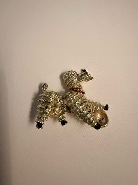 Rhinestone Dog Brooch in Gold Tone with Black and Red Accents